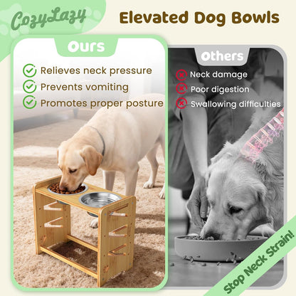 Elevated Dog Bowls, Adjustable Raised Dog Bowl Stand for Medium and Small Dog, 11" High Bamboo Pet Food Feeder with 2 Stainless Steel Dishes（4 Heights）