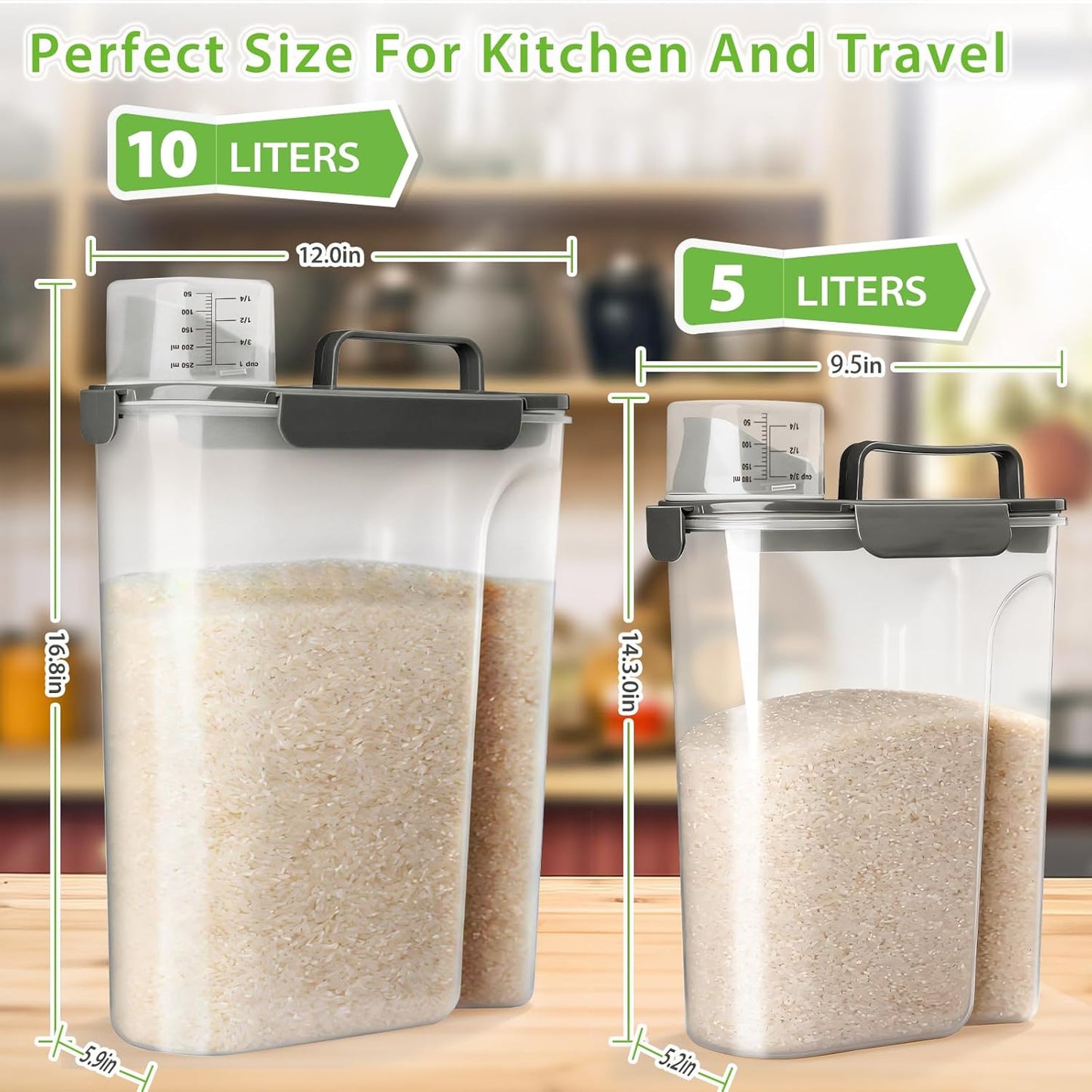 Viretec Rice Airtight Storage Container, 3 to 5Lbs Cereal Dry Food Flour Bin, Pet Dog Cat Food Dispenser with Measuring Cup, BPA Free Clear Plastic Kitchen and Pantry Organization Bin for Sugar