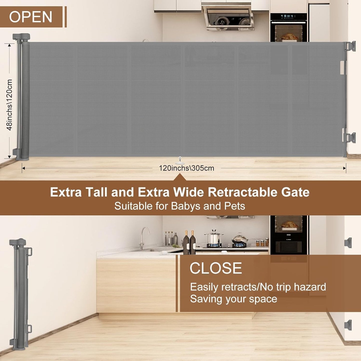 Miumoon 48" Extra Tall Retractable Baby Gates, 120" Retractable Gates with Reinforced Strip Design to Prevent Crawling Through, 12 FT Retractable Dog Gate