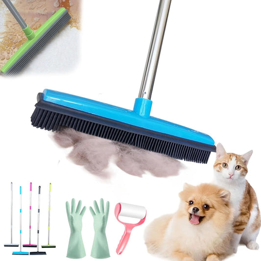 Pet Hair Rubber Broom, Rubber Broom for Pet Hair On Carpet, Pets Hairs Removal Broom with 49" Adjustable Handle, Soft Push Broom with Squeegee for Carpet, Hardwood Floor, Tile (E)