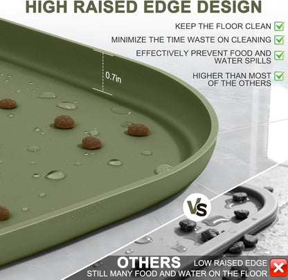 Small Silicone Pet Food Mat with Raised Edge for Food and Water Bowl, Square Dog Feeding Mats, Cat Food Trays for Floor Waterproof, Rubber Tray for Dogs and Cats, 12 x 12 x 0.7 Light Olive Green