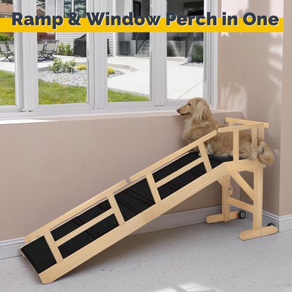 Dog Ramp for Bed or Couch, Wooden Pet Ramp with 20° Gentle Slope, Removable Side Rails, Non-Slip Surface, Top Platform & Wheels, Safe Bed Ramp for Small, Large & Senior Dogs, 60" Long, Mahogany
