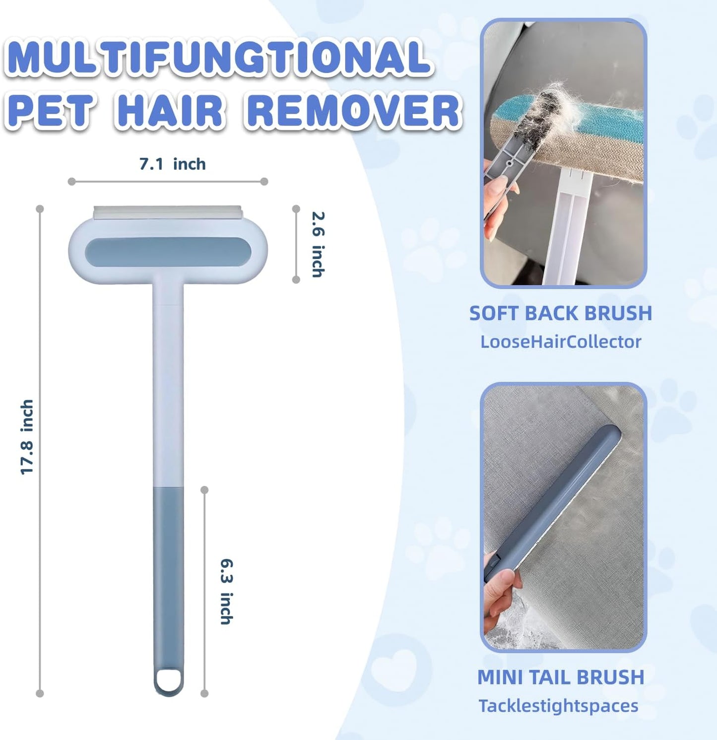4 in 1 Pet Hair Remover - Washable & Reusable Long-Handle Tool, Gentle Removal for Dog/Cat Hair on Couch, Carpet, Furniture - Also Works for Window & Tile Cleaning (17.3inch)