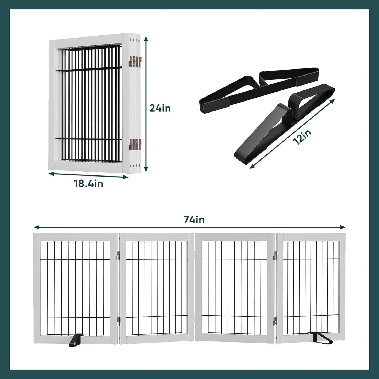 Freestanding Dog Gates Indoor, 3-Panel Pet Gates with 2 Metal Stands and 360° Hinge, 24" H Foldable Dog Gate for Stairs, Doorway, Kitchen, Expands Up to 55" Fully Assembled - Black Walnut