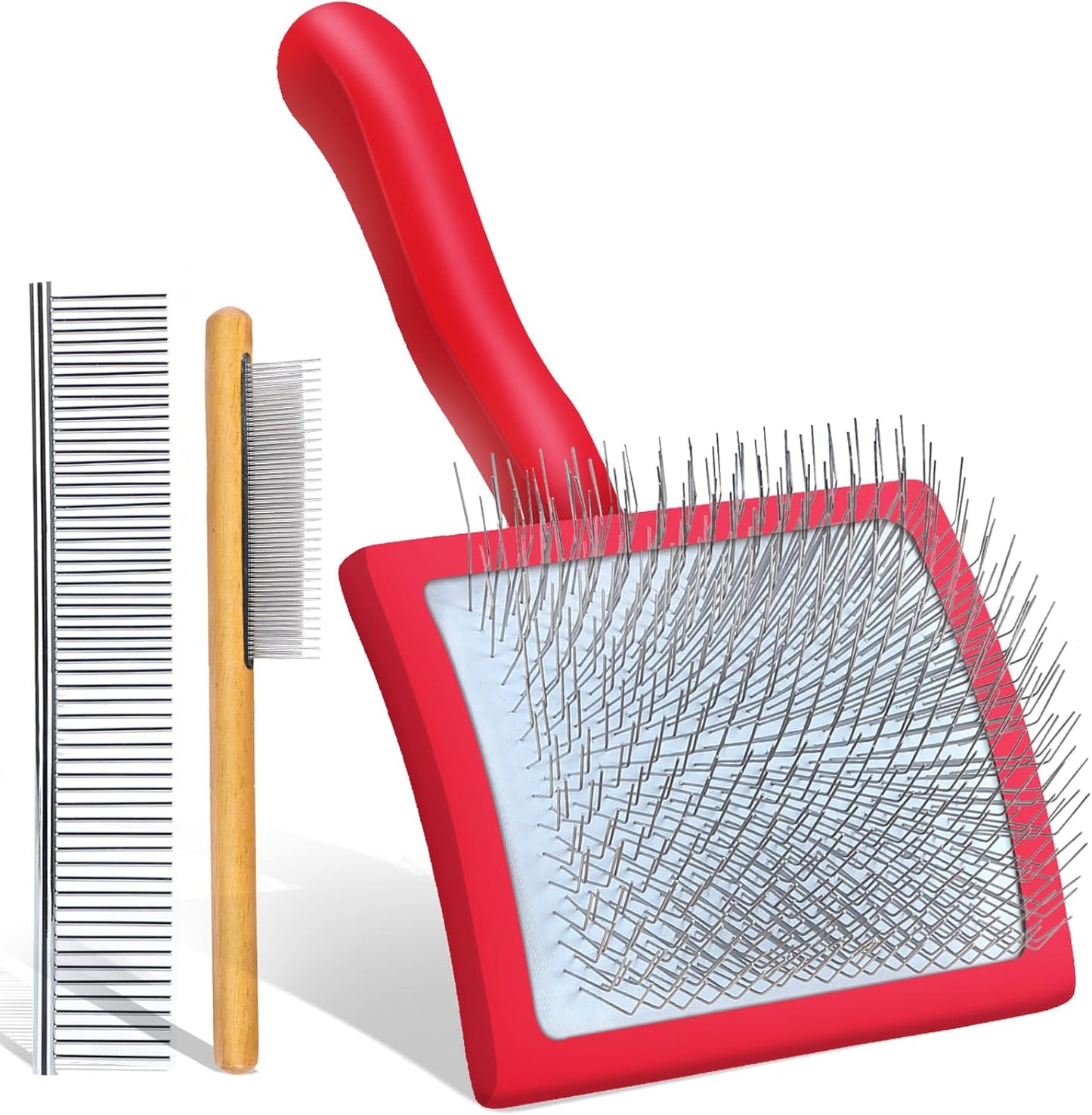 Slicker Brush for Dogs, Large Dog Grooming Brush for Doodles Goldendoodles Poodles Labradoodle Bernedoodles, Long Combs to Wavy & Curly Hair - Wooden Handle 3 Pcs - Nature