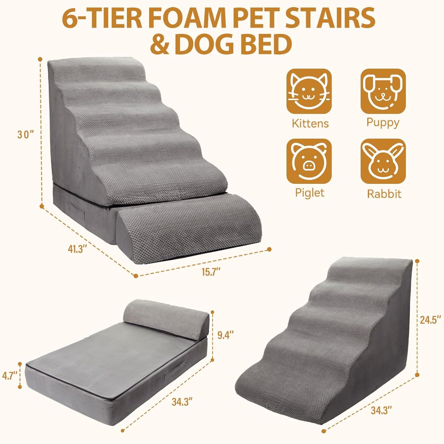 A.FATI Dog Stairs 30 Inches High for 30-36 Inch High Bed, 6-Tier 3-in-1 Foam Pet Steps with Non-Slip Bottom, Detachable Washable Cover, Dog Ramp for Small Old Short-Legged Dogs Up to 50 Lbs