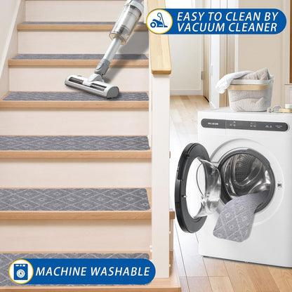 RIOLAND Stair Treads Carpet Non-Slip Indoor 15 PCS Wood Stair Treads Rugs Anti Moving Modern Stair Runners Safety for Kids Dogs, 8" X 30", Diamond Gray
