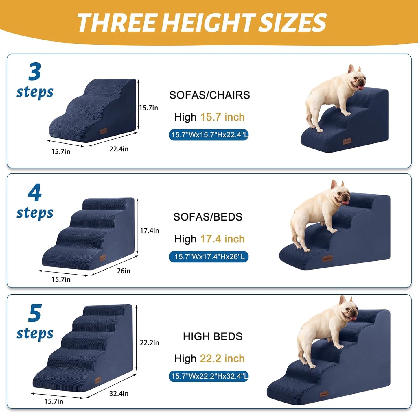 Aodisman 3-Step Dog Ramp and Stairs for Sofa and Chair - Non-Slip Sturdy Pet Steps for Small Dogs and Cats,15.7" H,Grey