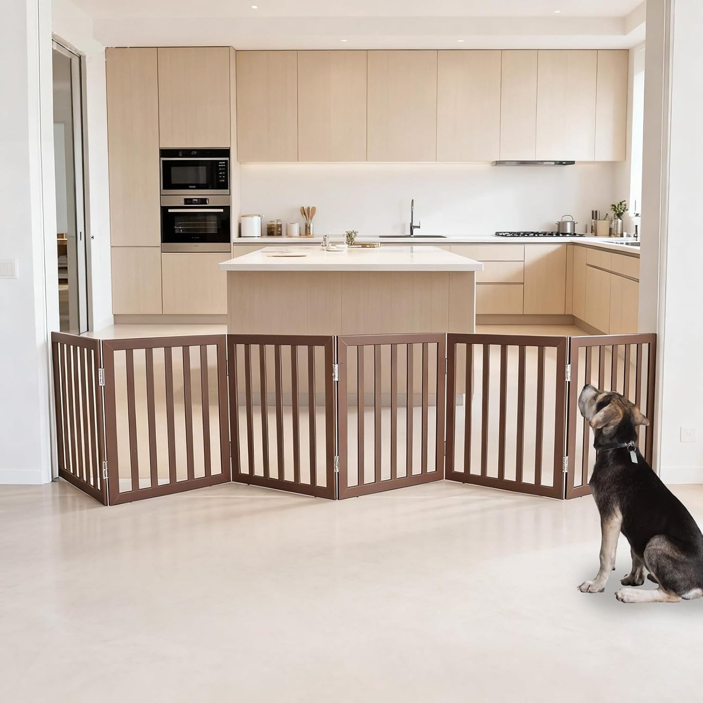 ZJSF Freestanding Indoor Dog Gate for House Foldable Wood Brown Puppy Gate for Doorways Pet Gate for Stairs Extra Wide Pet Fence 24" Height 2 Panels
