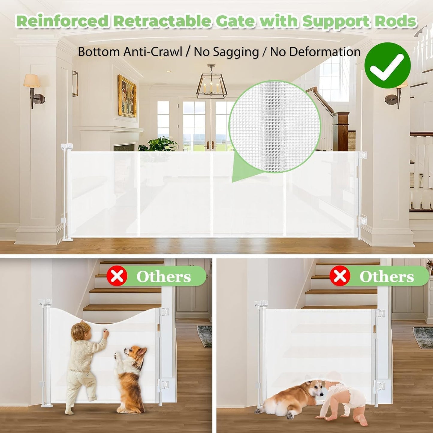 96 Inch Wide Reinforced Retractable Baby Gate with Support Rods, Extra Long Dog Gate Retractable Gate Outdoor Gates for Decks, Prevent Crawling Under Extra Long Baby Gates for Large Openings, Black