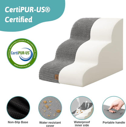 COZY KISS Dog Stairs for Small Dogs 15.7" H, Curved Dog Step for Puppy, Older Cat, Medium Pet Ramp for Sofa, Couch or Chair, Ladder with High Density Foam, 3 Step, 15.7x22.4x15.7 inch, Beige