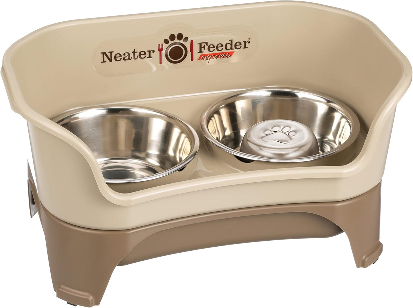 Neater Feeder Express Mess Proof Dog Bowls Elevated for Small Breeds under 15 Lb, Made in USA, No Spill Raised Dog Food Bowl Stand, Stainless Steel Food and Water Bowl Set, Feeding Station, Cappuccino