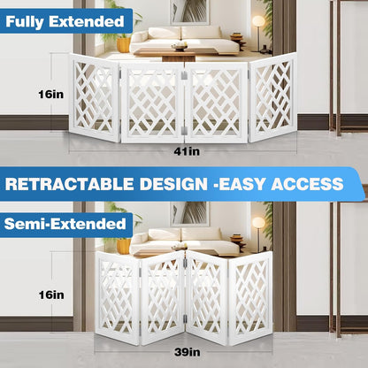 Cut-Out Design 16" Short Dog Gate for Small Dogs, Foldable Retractable Puppy Gate Indoor - Freestanding Lightweight Pet Barrier for Doorways, Stairs, Hallways (Extends to 41", White)