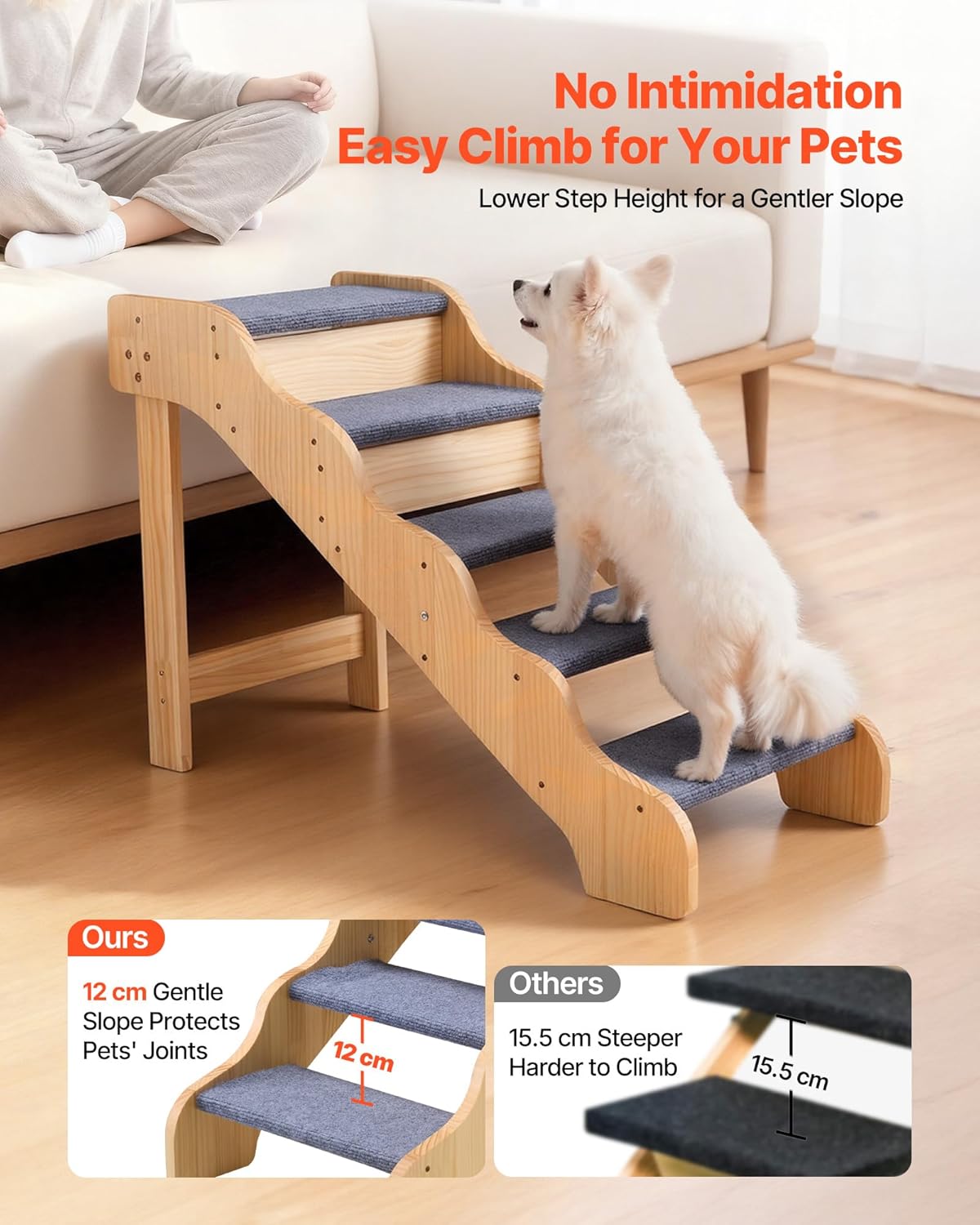 VEVOR Wood Pet Stairs, 2-Step Dog Stairs for Beds, Sofa & Cars, 110lbs Load Capacity, Floded Flat Design, Stable & Sturdy Cat & Dog Step Ladder for Small Medium Large Older Pet Puppy Essentials