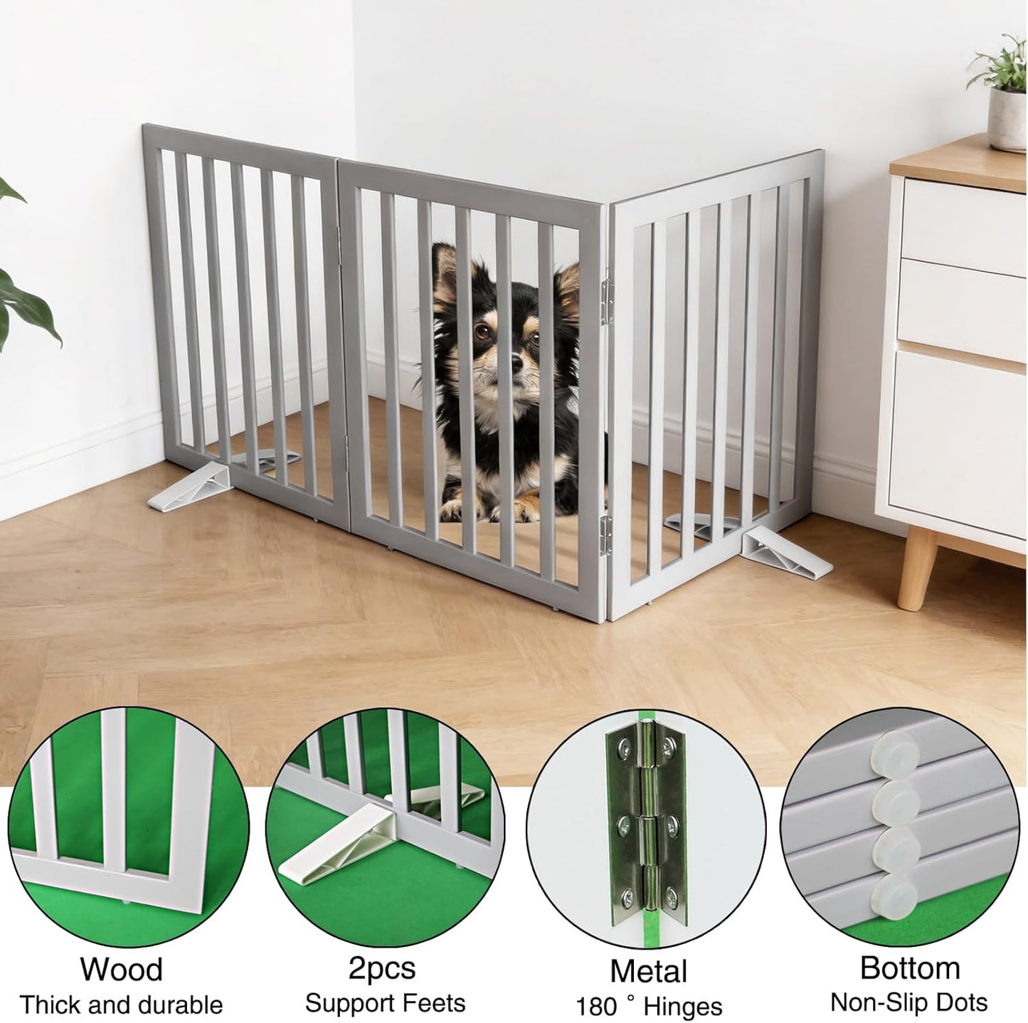 Dog Gate Indoor, Freestanding Dog Fence for The House, Doorways, Hallways,or Stairs,Pet Gate Foldable Wooden,Expandable 24" Height 3 Panels,White