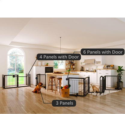 JSB 96-inch Extra Wide 30-inch Tall Dog gate with Door Walk Through, Freestanding Pet Gate for Halls, Stairs & Home, Pet Puppy Safety Dog Fence with 2PCS Support Feet (Black)