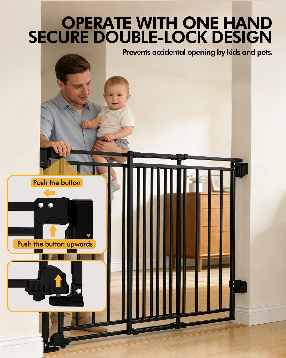 Extra Wide Baby Gate for Doorways 29" Tall Safety Gate for Kids&Pets,Pressure Mounted with Auto Close,Walk-Thru Metal Gate,Adjustable Width 26.4"-43",Indoor Pet Gate for Stairs & Hallways Black