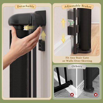 Retractable Baby Gates Extra Wide 200 Inch, 42 Inch Tall Mesh Dog Gate with Reinforcement Rods, Hardware Mounted Safety Gate for Large Openings, Stairs, Garage, Deck, Driveway, Indoor Outdoor, Black
