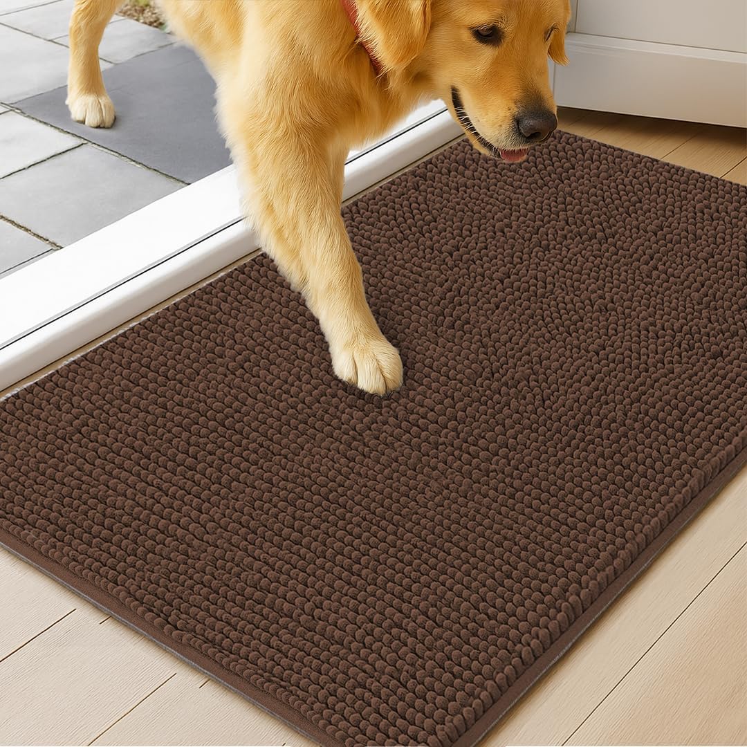 MudGuard Mat™ Dog Door Mat for Muddy Paws, Super Absorbent Microfiber, Non-Slip Indoor Mat, Quick Dry Chenille Mud Mat for Dogs & Entryway, Washable, Grey 19" x 30"