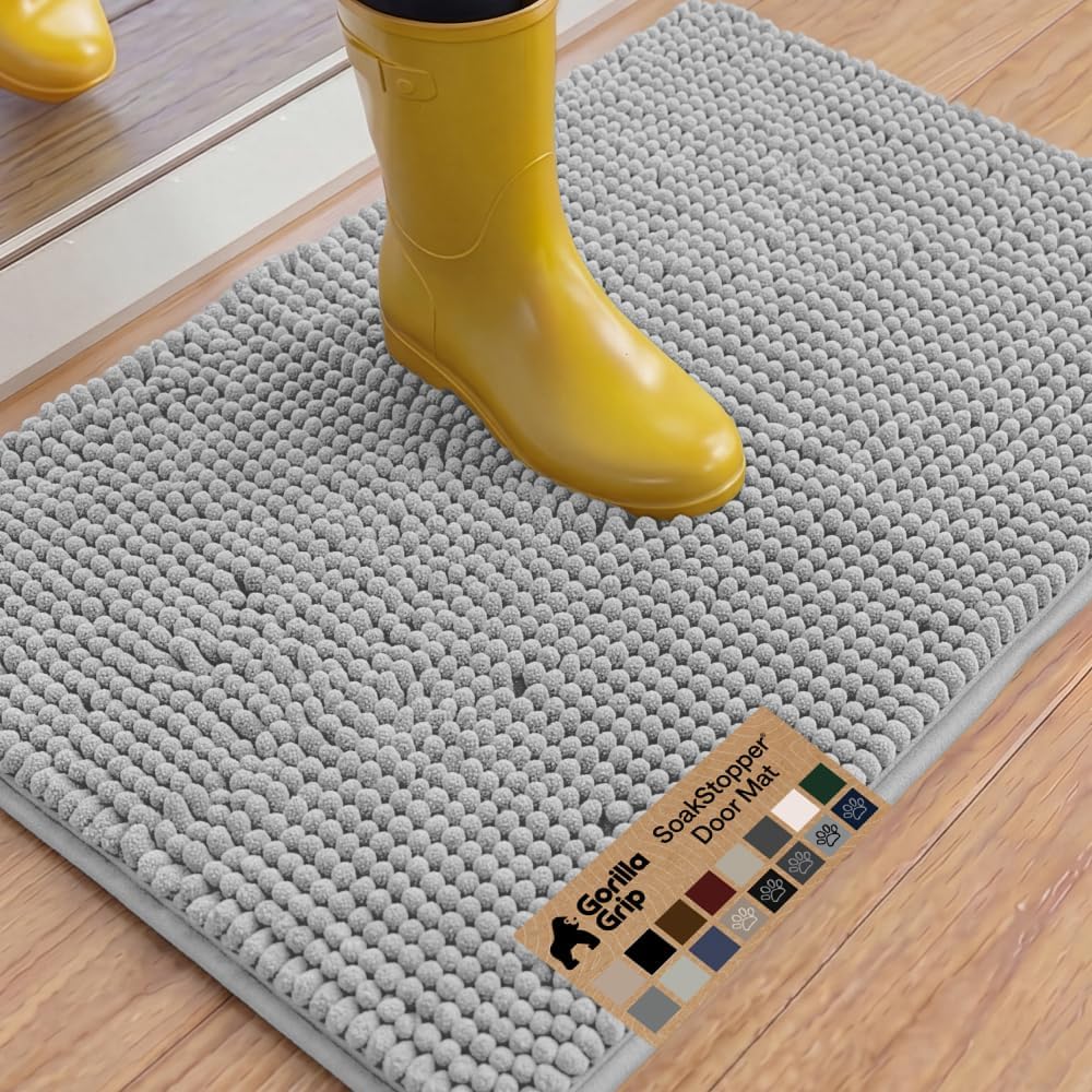 GORILLA GRIP SoakSTOPPER Dog Door Mat, 30x20 Machine Washable Rug Absorbent Doormat Captures Moisture Mud Dirt, Quick Dry Soft Chenille Entryway Rugs Indoor Entrance Mats for Dog Paws, Paw Grey