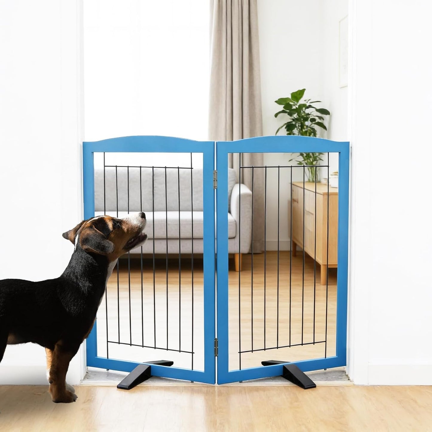 ZJSF Freestanding Dog Fence Indoor, Foldable Dog Gate for Doorways, Stairs or Hallways, Sturdy Wood Extra Wide Pet Gate with Support Feet for The House, White, 24 "Height-3 Panels