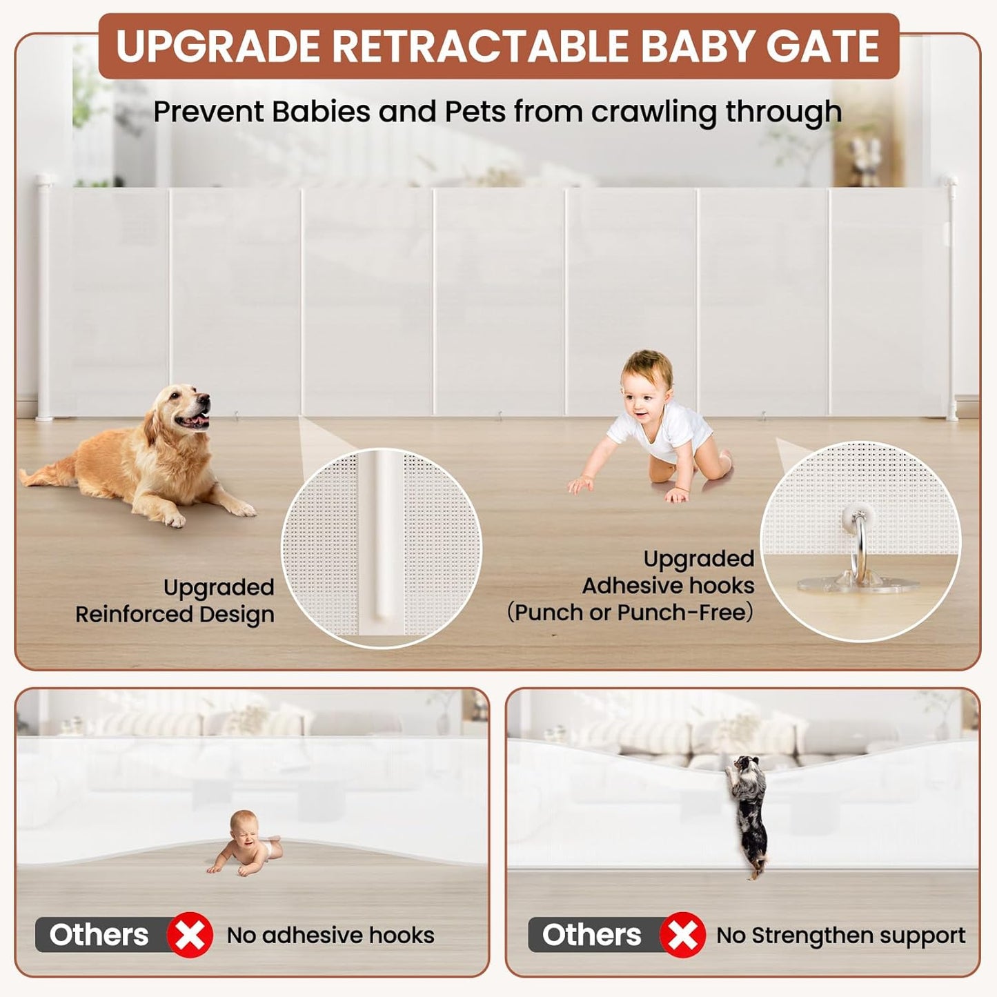 Upgrade Retractable Baby Gates Extra Wide (150" W x 42" H), 150 inch Reinforced Retractable Dog Gate to Prevent Crawling Through, Retractable Gate Outdoor/Indoor, Real One-Handed Operation, Black