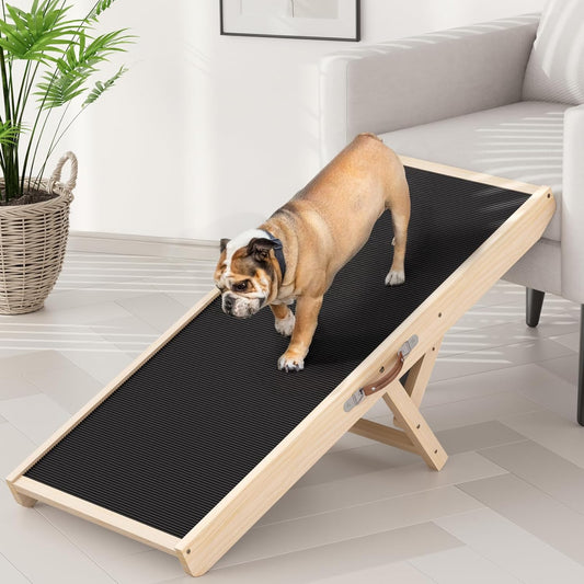 Dog Ramp for High Bed, Couch, Car, Pet Ramps 55.12" Long Adjustable 19.3"-27.17" Wooden Dog Step with Anti-slip Rubber Mat & Safety Side Rails for Small Medium Large Older Pets, up to 250 lbs