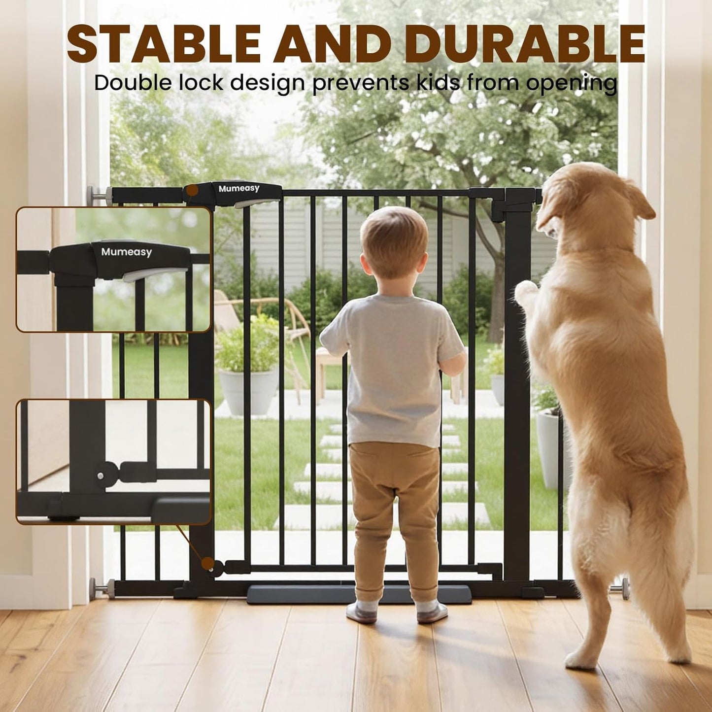 Baby Gate for Stairs, 29.7-40.6" Auto Close Dog Gate Indoor for Doorways, Dual-Lock Design, Adjustable Pet Gate No Drilling with Walk Thru Door for Hallways, Stroller Friendly, Black