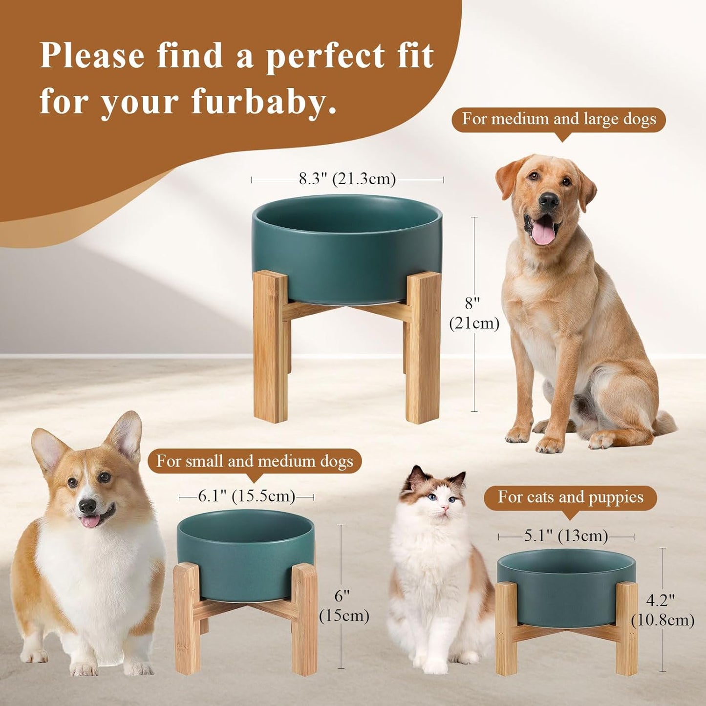 Elevated Ceramic Cat Bowl - Cat Food Bowl with Bamboo Stand - Raised Dog Dish for Puppies - Anti Vomiting, Stress Free - 13.5 oz / 400 ml - White