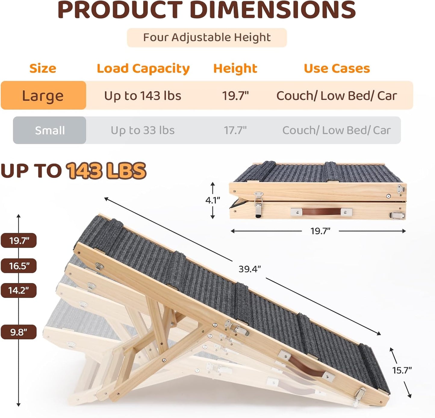 VINGLI Dog Ramp for Bed, 33" Foldable Dog Steps for Couch Height Adjustable, Portable Pet Ramp for Car with Non-Slip Mat (33 inch)