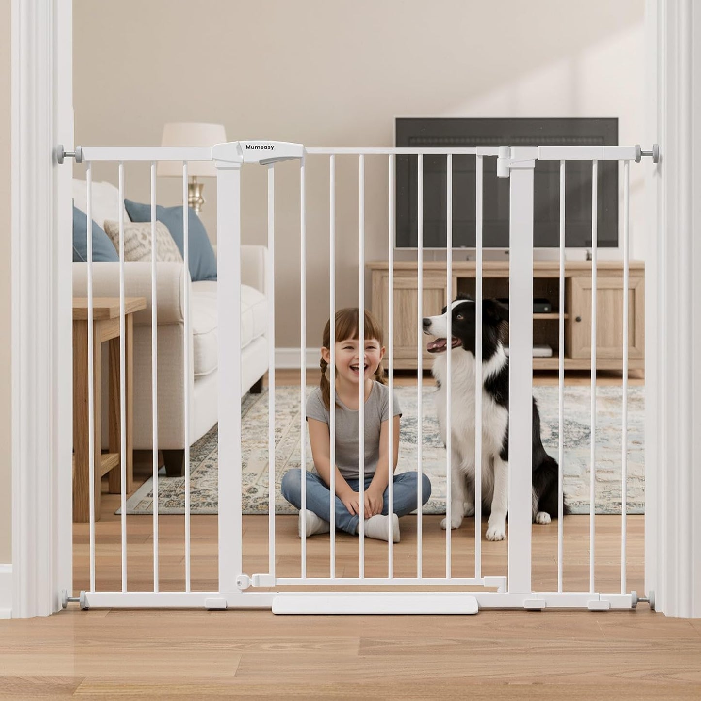 Mumeasy Baby Gate Extra Wide, 29.7-51'' Pressure Mounted Dog Gate with Walk Thru Door, Auto Close Pet Gate for House, Stairs, Doorways,Black
