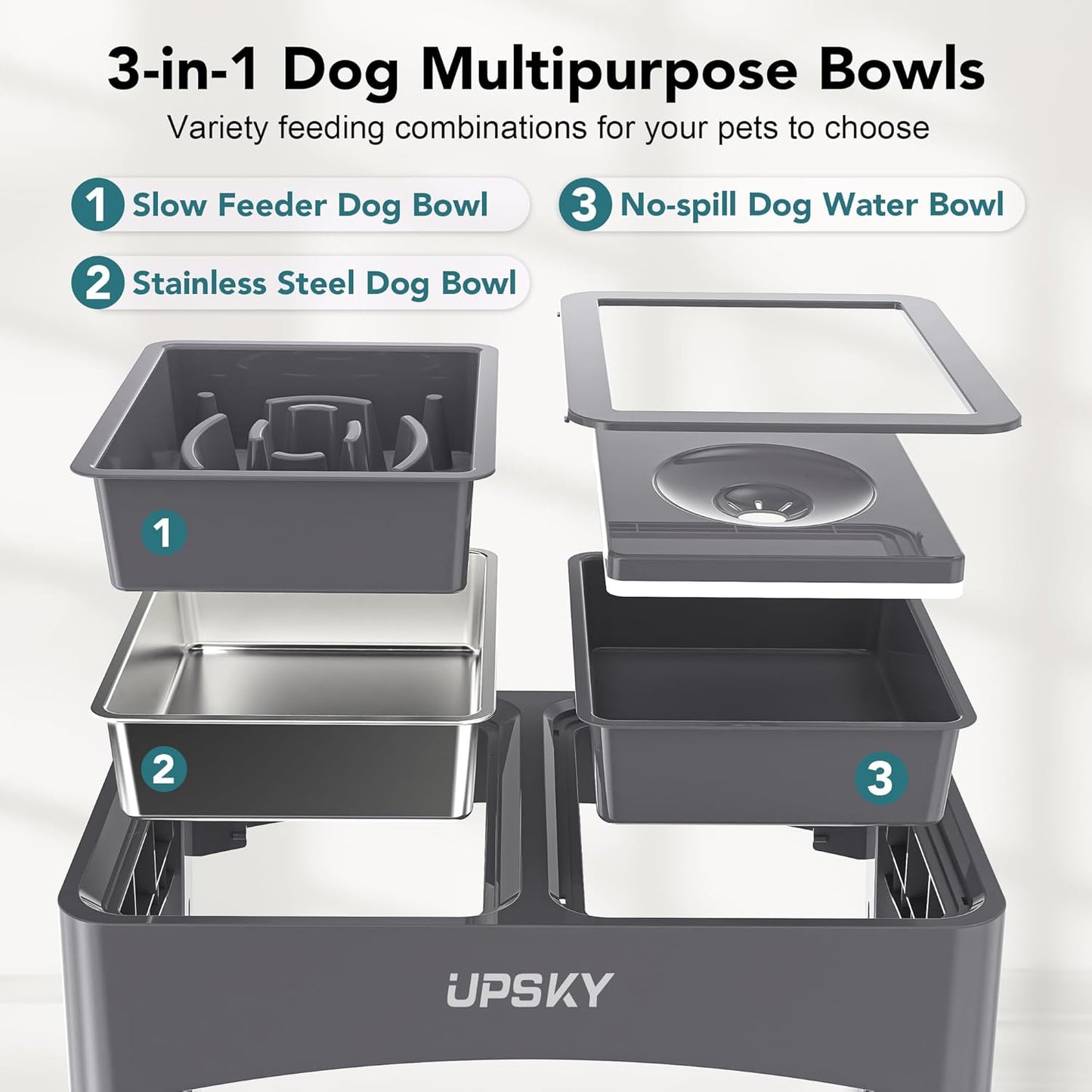 UPSKY 2-in-1 Elevated Dog Bowls Slow Feeder, 4 Height Adjustable Raised Bowl Stand, No Spill Dog Water Bowls, Anti-Slip Food and Water Bowls for Small Medium Dogs(Not Include Stainless Steel Bowl)