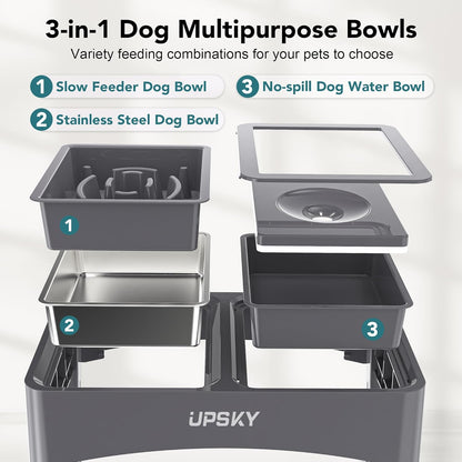 UPSKY 2-in-1 Elevated Dog Bowls Slow Feeder, 4 Height Adjustable Raised Bowl Stand, No Spill Dog Water Bowls, Anti-Slip Food and Water Bowls for Small Medium Dogs(Not Include Stainless Steel Bowl)