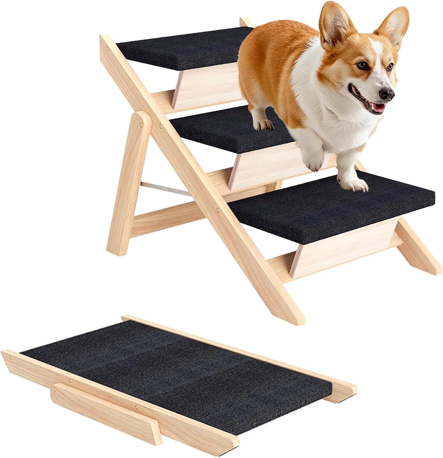Dog Stairs/Ramp for Bed, Wooden 2-in-1 Foldable Pet Stairs & Ramp, Portable Dog Ladder Up to 180 Pound for Elderly/Short-Legged Dogs, 4 Steps for Beds, Couch, Cars