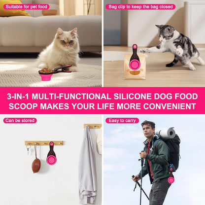 Collapsible Silicone Dog Food Scoop Foldable Pet Food Measuring Cup with Bag Clip 3 in 1 Multi-Function Silicone Dog Food Scooper (Rose Red, Medium)