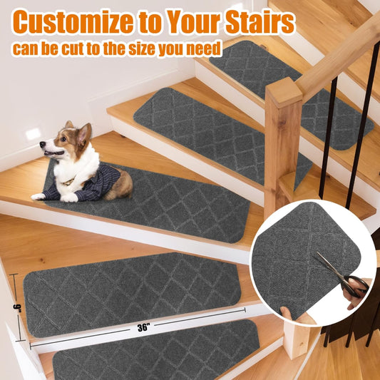 9"X36" Stair Treads Carpet Non-Slip for Wooden Steps Indoor, Machine Washable and Reusable with Tape Free Self-Adhesive Back for Pets, Set of 4, Grey