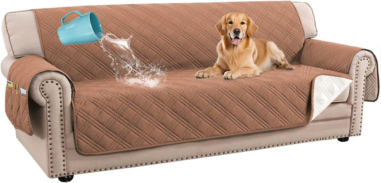H.VERSAILTEX 100% Waterproof Slipcovers for Couches and Sofas Modern Pet Couch Cover Thick Soft Furniture Protector with Elastic Straps(Sofa, Lily Pad/Beige)