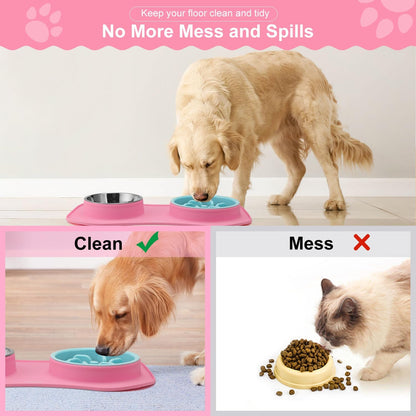 Anipaw Slow Feeder Dog Bowls 3 in 1 Stainless Steel Food and Water Bowls with Non-Spill and Skid Silicone Mat to Slow Down Eating for Large Medium Small Breed Size Dogs and Cats