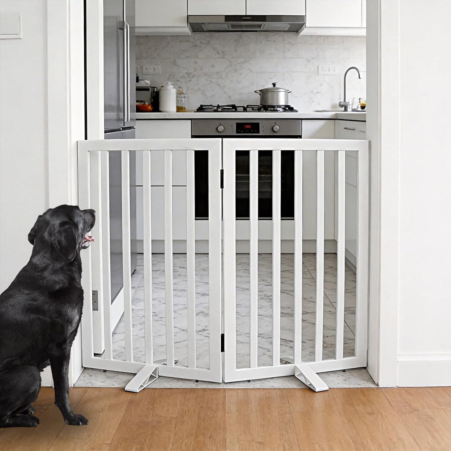 ZJSF Freestanding Indoor Dog Gate for House Foldable Wood Puppy Gate for Doorways Pet Gate for Stairs Extra Wide Pet Fence, Brown, 24" Height 3 Panels