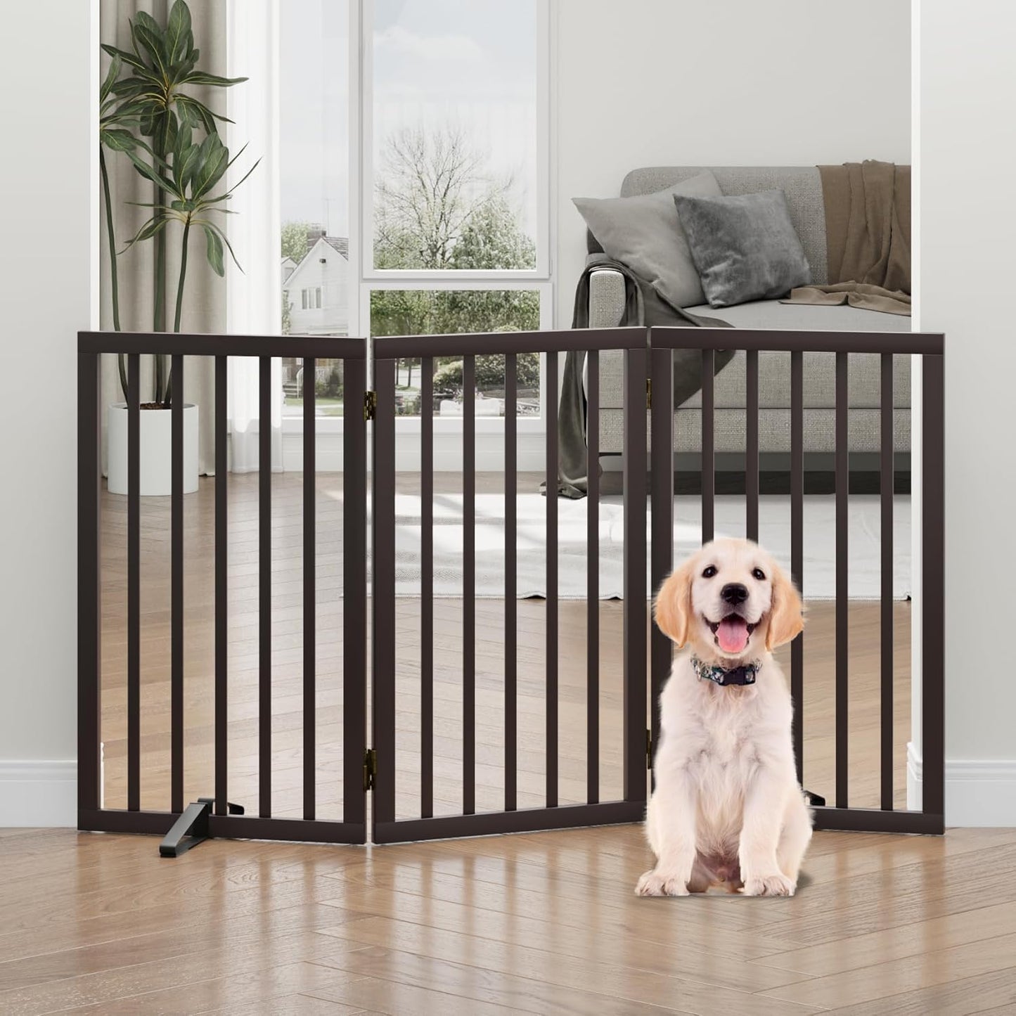 Freestanding Foldable Dog Gate - 4 Panel Room Divider with Metal Support Feet (Black)