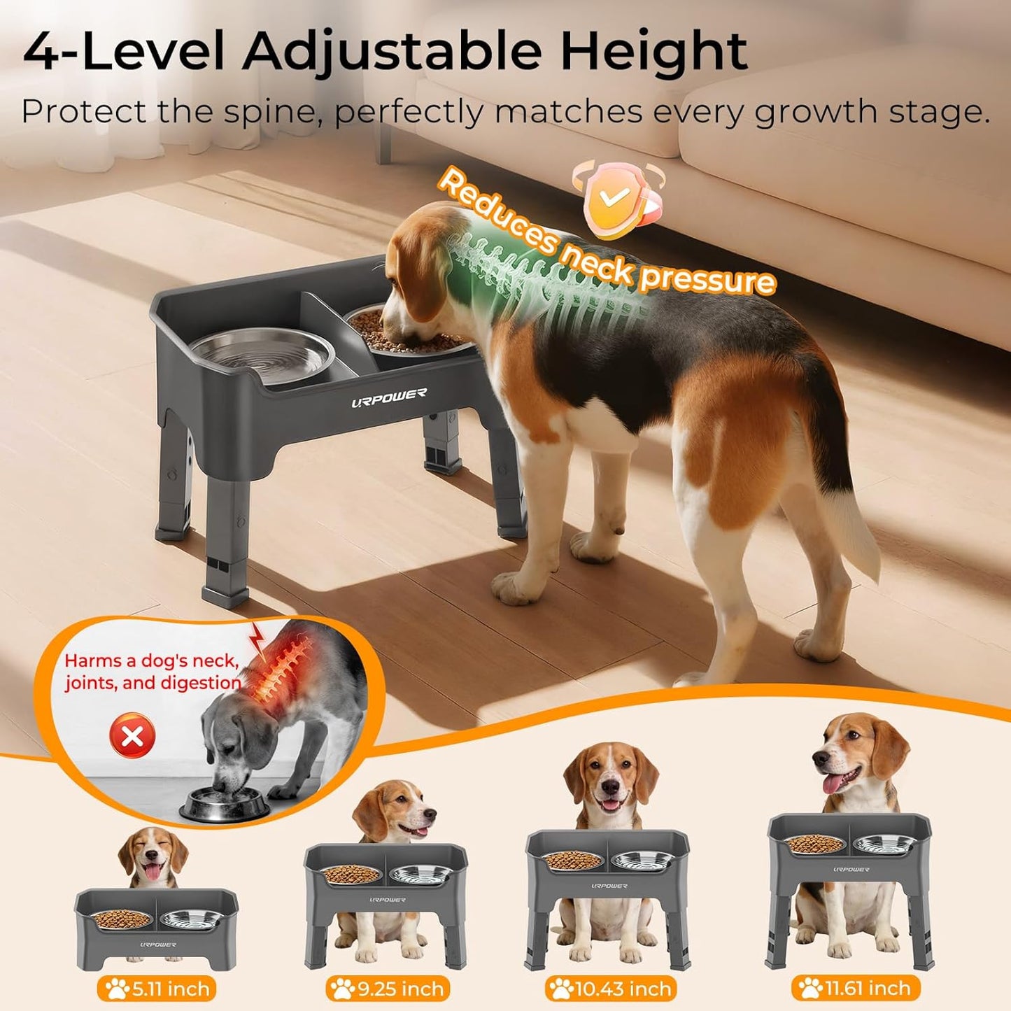URPOWER 3-in-1 Elevated Dog Bowls - Mess Proof Double Deck 4 Height Adjustable Raised Stand with 2 Stainless Steel Food Bowls & Licking Plate for Small, Medium & Large Dogs