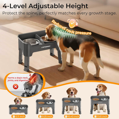 URPOWER 3-in-1 Elevated Dog Bowls - Mess Proof Double Deck 4 Height Adjustable Raised Stand with 2 Stainless Steel Food Bowls & Licking Plate for Small, Medium & Large Dogs
