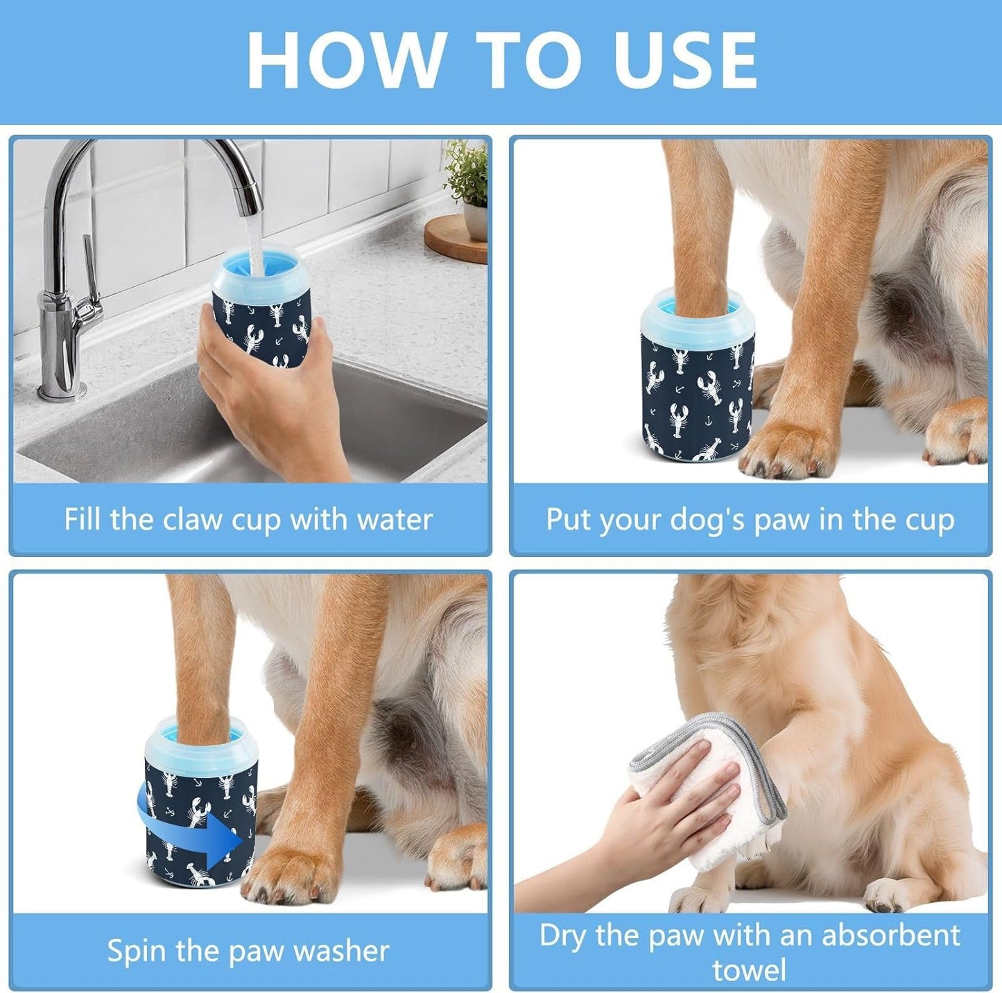 Lobsters Black Pattern Dog Paw Cleaner Cup with Soft Silicone Brush, Lightweight Small Portable Muddy Paw Washer for Dogs, Easy to Use Pet Foot Cleaner