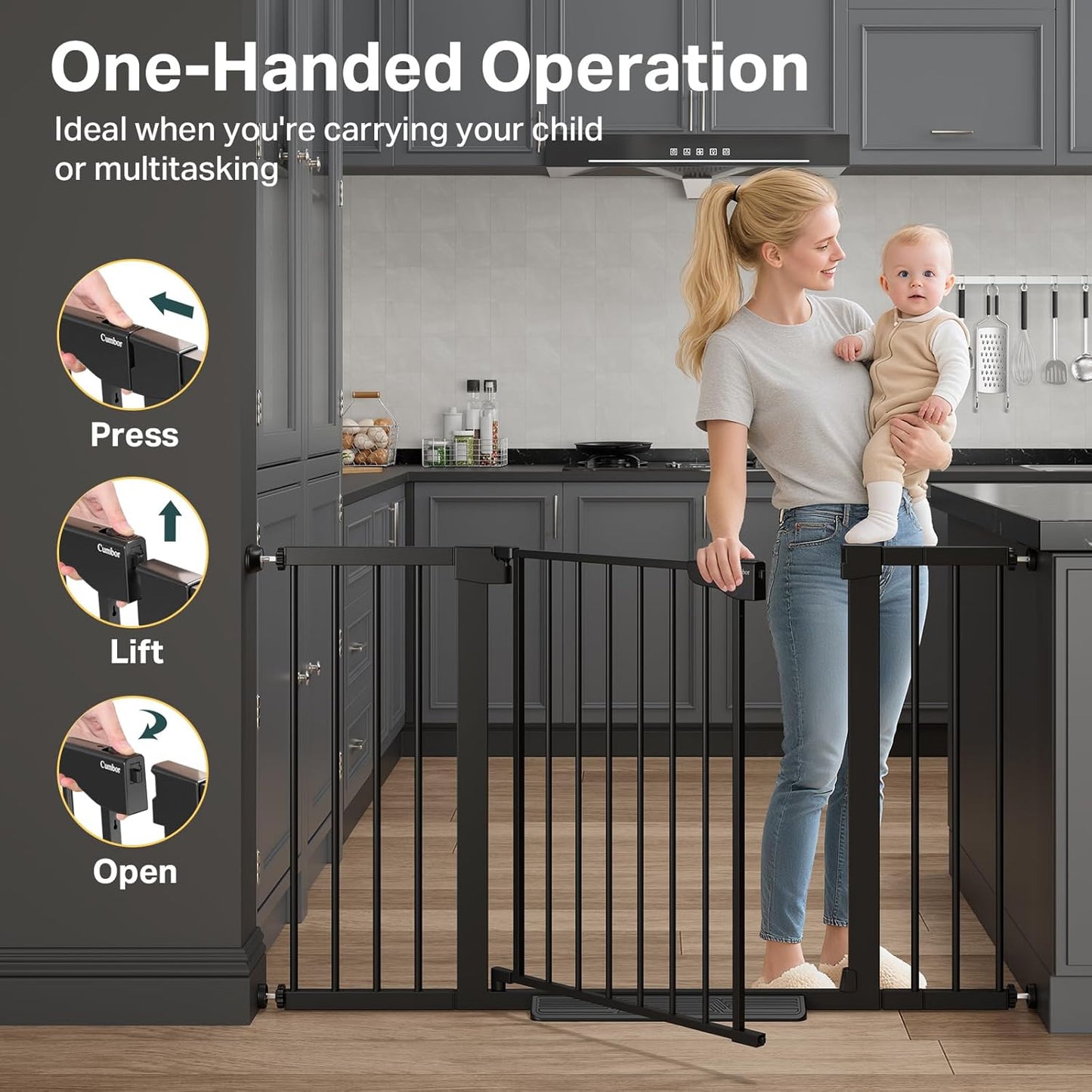 Cumbor 36.6-64" Extra Wide Baby Gate for Stairs, Dog Gates for Doorways, Auto-Close Pet Gate Indoor, Pressure Mounted Walk Through Safety Child Gate for Kids Toddler, Tall Pet Puppy Fence Gate, Brown