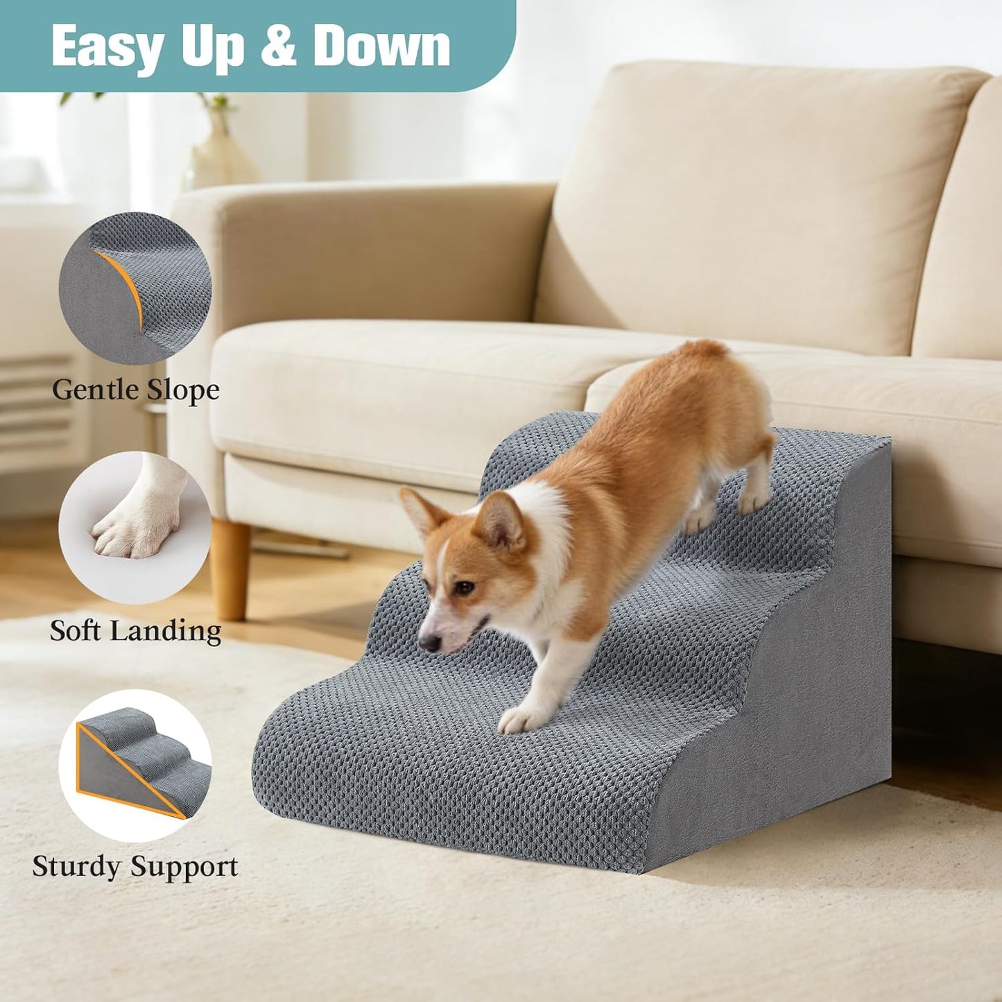 Dog Stairs for Small Dogs, 2-Step Dog Steps for Couch Sofa and Chairs, High-Density Foam Pet Steps Ramp with Removable Washable Cover for Older Injured Puppy Dogs and Cats, 11.81" H, Grey
