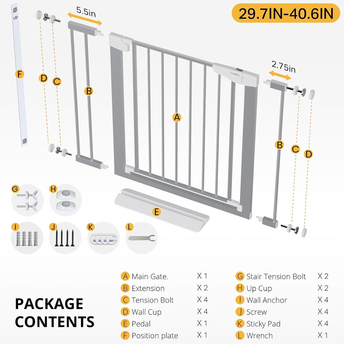 Cumbor 36.6-64" Extra Wide Baby Gate for Stairs, Dog Gates for Doorways, Auto-Close Pet Gate Indoor, Pressure Mounted Walk Through Safety Child Gate for Kids Toddler, Tall Pet Puppy Fence Gate, Brown