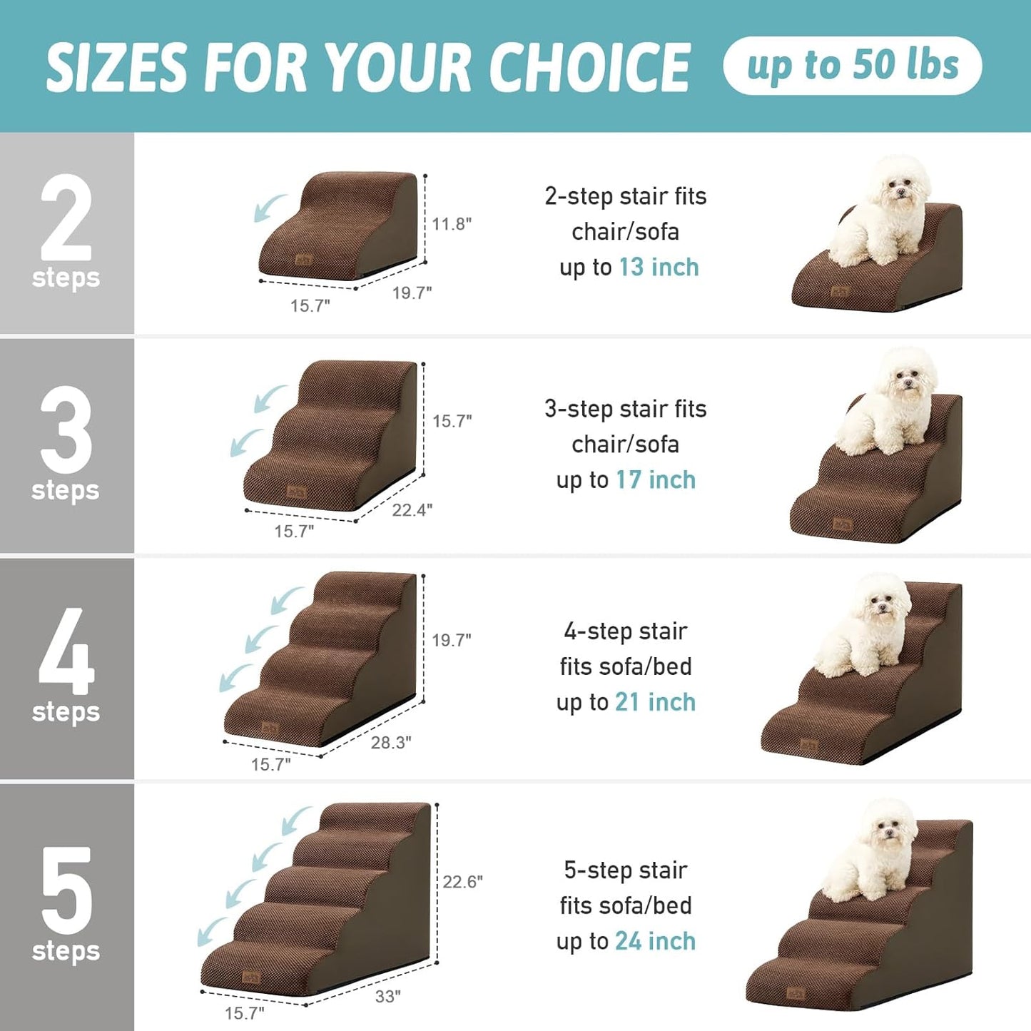 COZY KISS Dog Stairs for Small Dogs 15.7" H, Curved Dog Step for Puppy, Older Cat, Medium Pet Ramp for Sofa, Couch or Chair, Ladder with High Density Foam, 3 Step, 15.7x22.4x15.7 inch, Beige