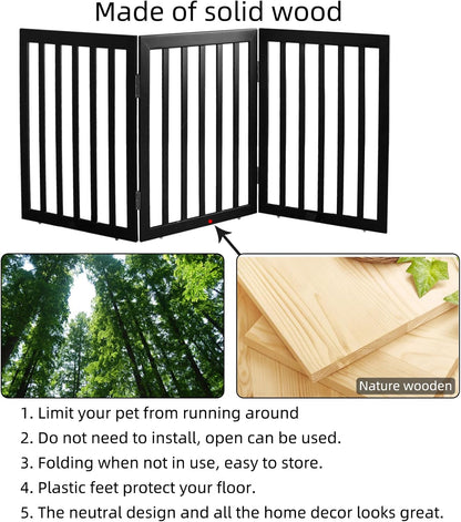 Dog Gate Indoor, Freestanding Dog Fence for The House, Doorways, Hallways,or Stairs,Pet Gate Foldable Wooden,Expandable 24" Height 3 Panels,White
