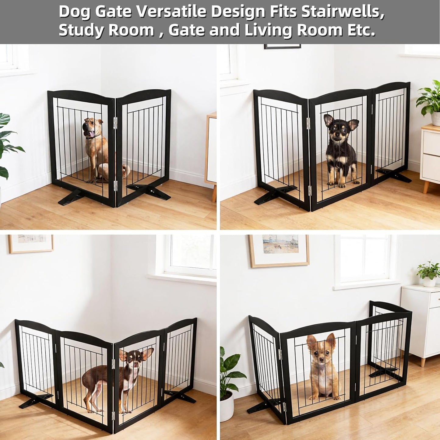 ZJSF Freestanding Dog Fence Indoor, Foldable Dog Gate for Doorways, Stairs or Hallways, Sturdy Wood Extra Wide Pet Gate with Support Feet for The House, White, 24 "Height-3 Panels