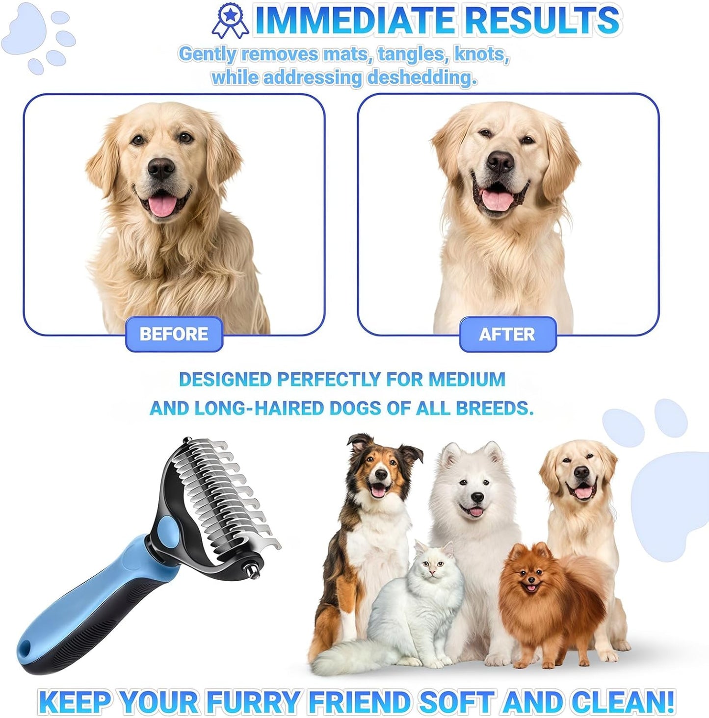 2026 New Double-Sided Deshedding Dematting Tool, Undercoat Rake for Dogs & Cats, Extra-Wide Dog Grooming Brush & Deshedder Comb for Long Hair (Blue)